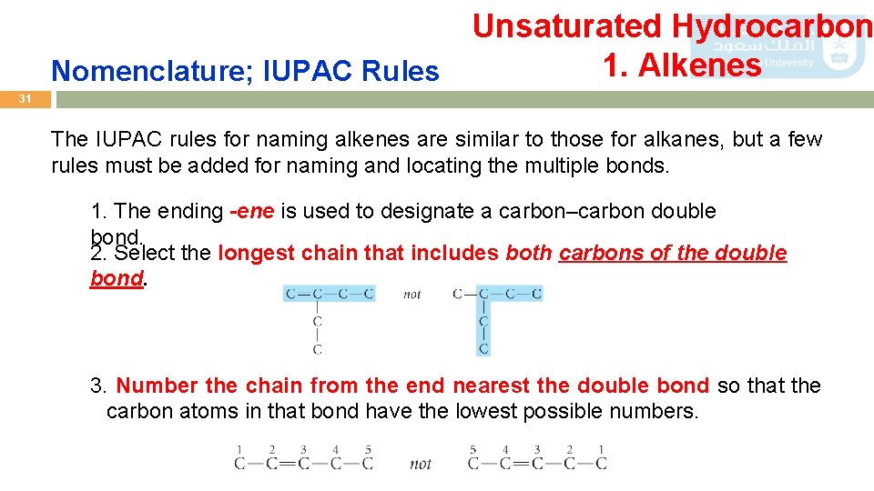 Unsaturated Hydrocarbon 1. Alkenes Nomenclature; IUPAC Rules 31 The IUPAC rules for naming alkenes