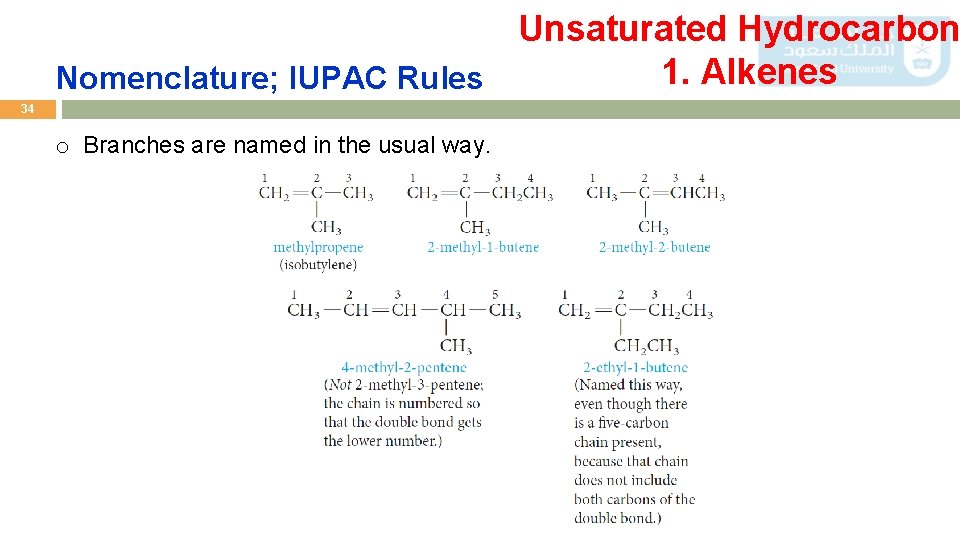 Unsaturated Hydrocarbon 1. Alkenes Nomenclature; IUPAC Rules 34 o Branches are named in the