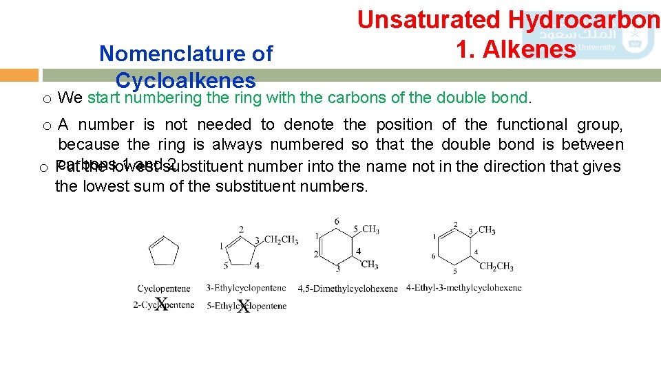 Nomenclature of Cycloalkenes Unsaturated Hydrocarbon 1. Alkenes o We start numbering the ring with