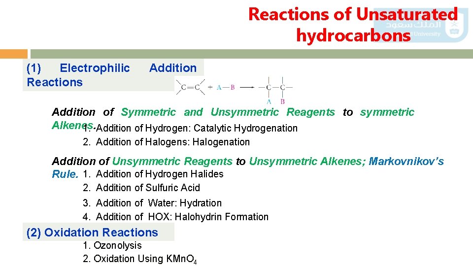 Reactions of Unsaturated hydrocarbons (1) Electrophilic Reactions Addition of Symmetric and Unsymmetric Reagents to