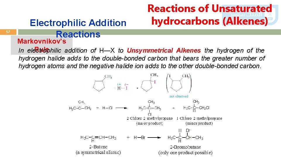 57 Electrophilic Addition Reactions of Unsaturated hydrocarbons (Alkenes) Markovnikov’s Rule In electrophilic addition of