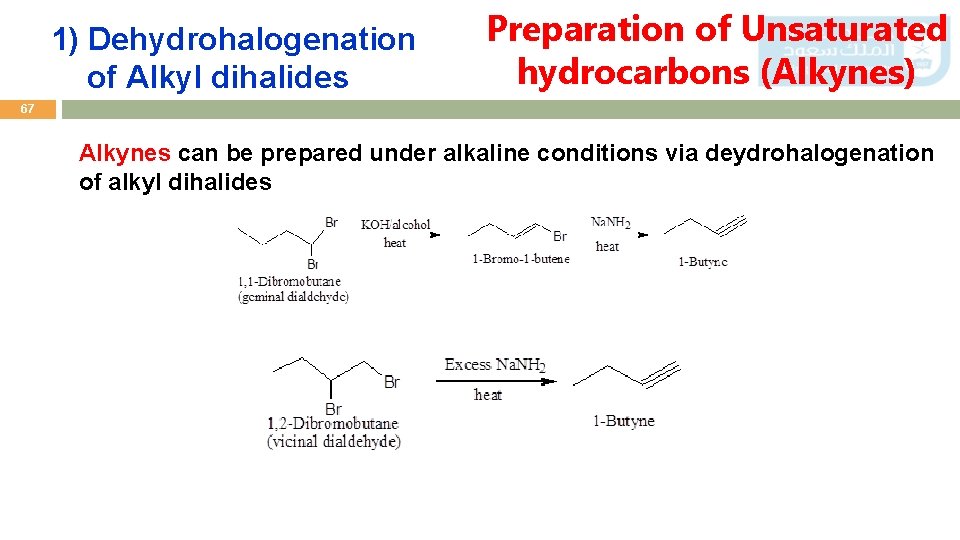 1) Dehydrohalogenation of Alkyl dihalides Preparation of Unsaturated hydrocarbons (Alkynes) 67 Alkynes can be