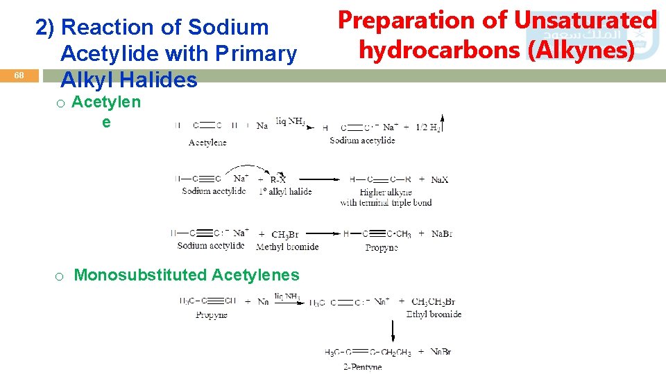 68 2) Reaction of Sodium Acetylide with Primary Alkyl Halides o Acetylen e o