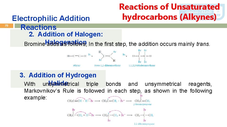 70 Electrophilic Addition Reactions of Unsaturated hydrocarbons (Alkynes) 2. Addition of Halogen: Bromine. Halogenation