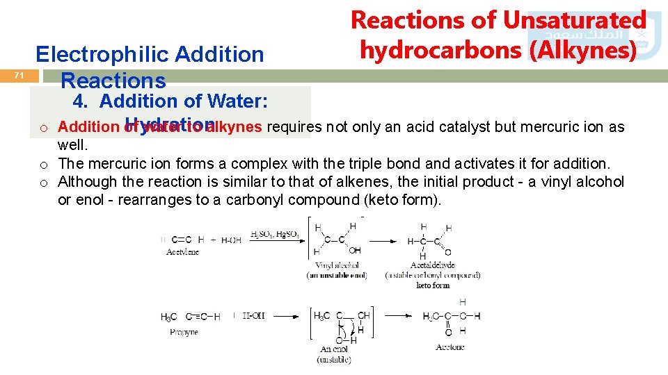 71 Electrophilic Addition Reactions of Unsaturated hydrocarbons (Alkynes) 4. Addition of Water: Hydration o
