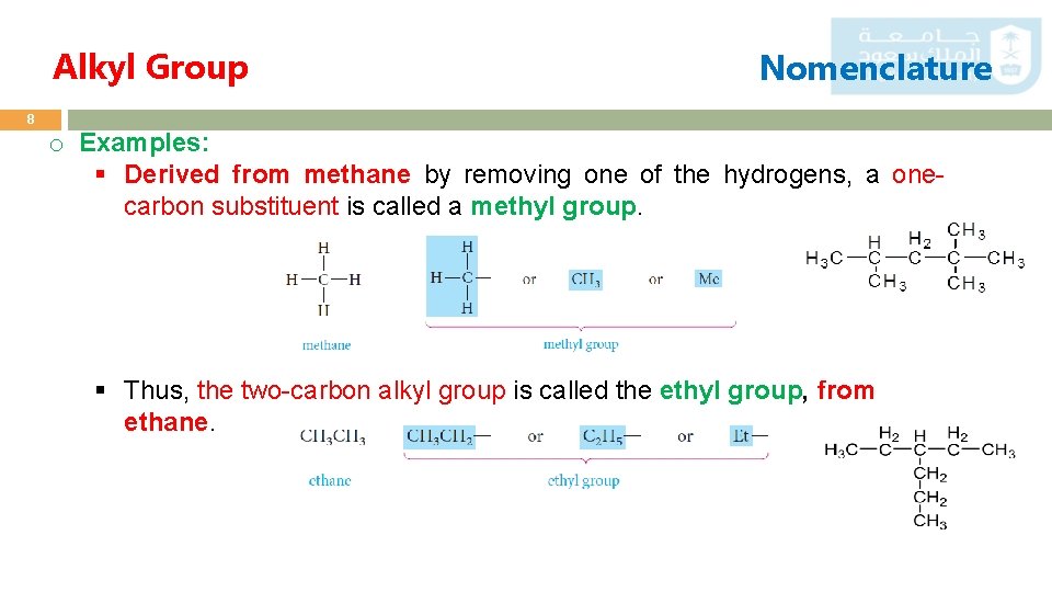 Alkyl Group Nomenclature 8 o Examples: § Derived from methane by removing one of
