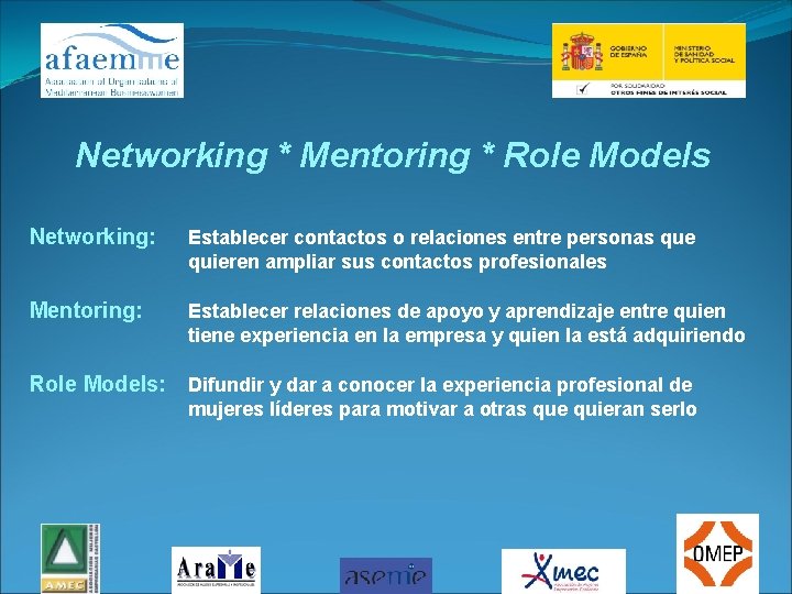 Networking * Mentoring * Role Models Networking: Establecer contactos o relaciones entre personas que