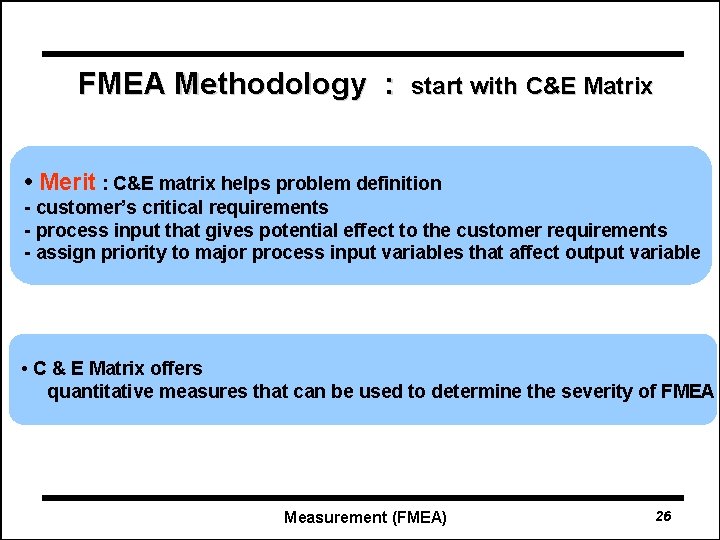FMEA Methodology : start with C&E Matrix • Merit : C&E matrix helps problem