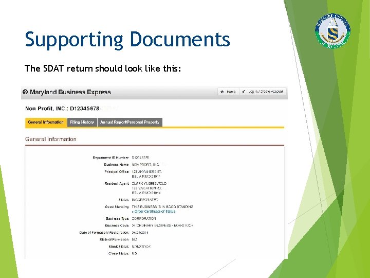 Supporting Documents The SDAT return should look like this: 