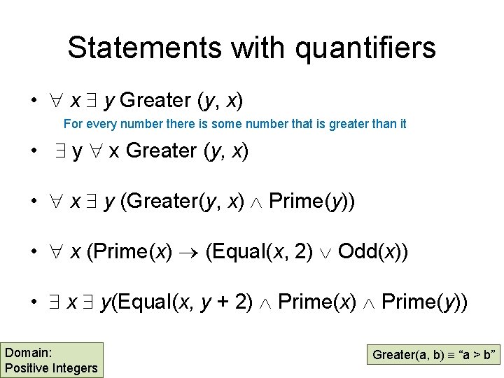 Statements with quantifiers • x y Greater (y, x) For every number there is