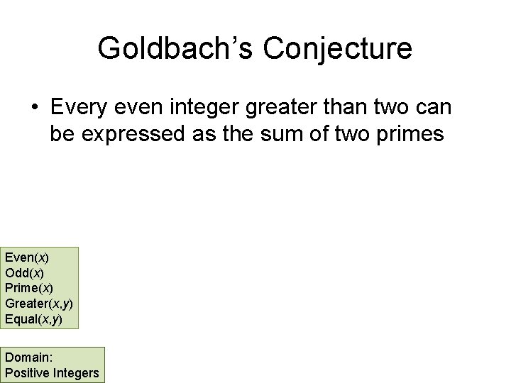 Goldbach’s Conjecture • Every even integer greater than two can be expressed as the