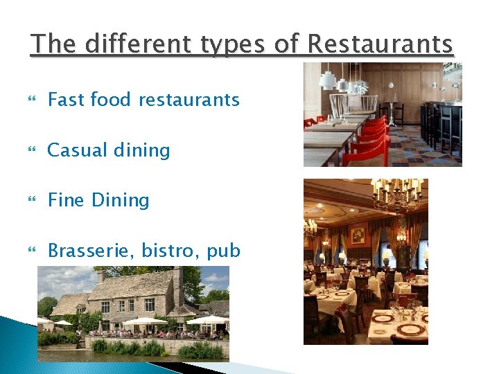 The different types of Restaurants Fast food restaurants Casual dining Fine Dining Brasserie, bistro,