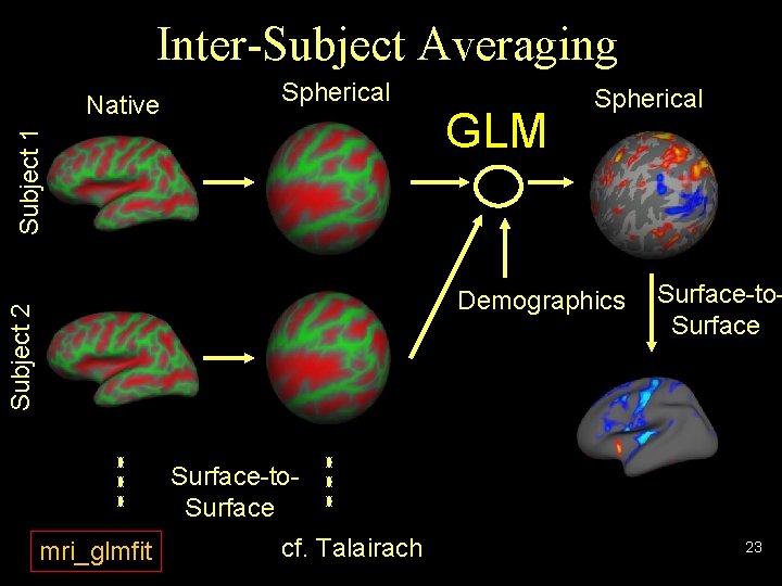 Inter-Subject Averaging Spherical Subject 1 Native GLM Spherical Subject 2 Demographics Surface-to. Surface mri_glmfit