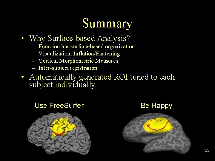 Summary • Why Surface-based Analysis? – – Function has surface-based organization Visualization: Inflation/Flattening Cortical