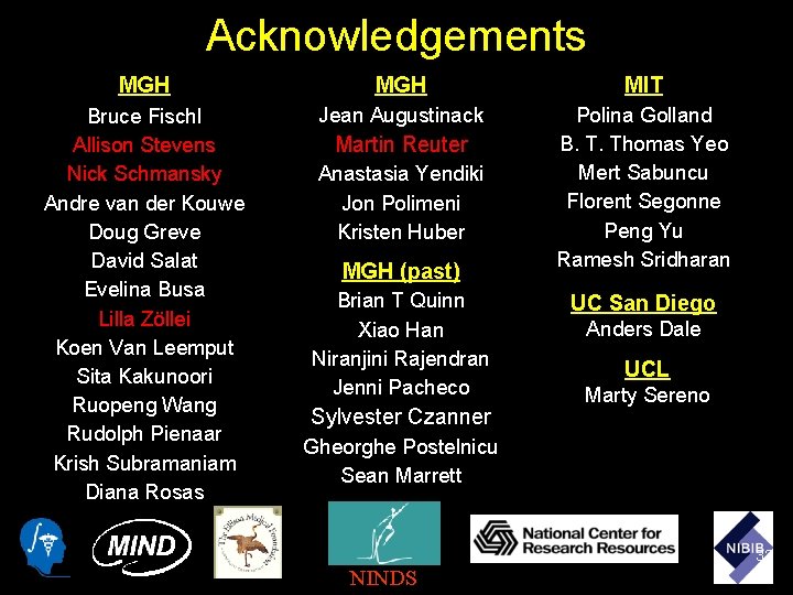 Acknowledgements MGH MIT Bruce Fischl Allison Stevens Nick Schmansky Andre van der Kouwe Doug
