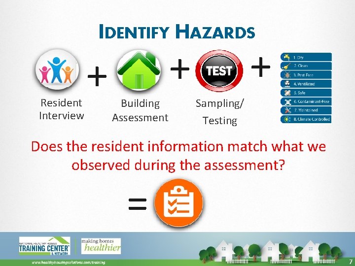 IDENTIFY HAZARDS Resident Interview + + + Building Assessment Sampling/ Testing Does the resident