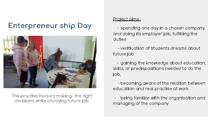 Enterpreneur ship Day Project aims : - spending one day in a chosen company,