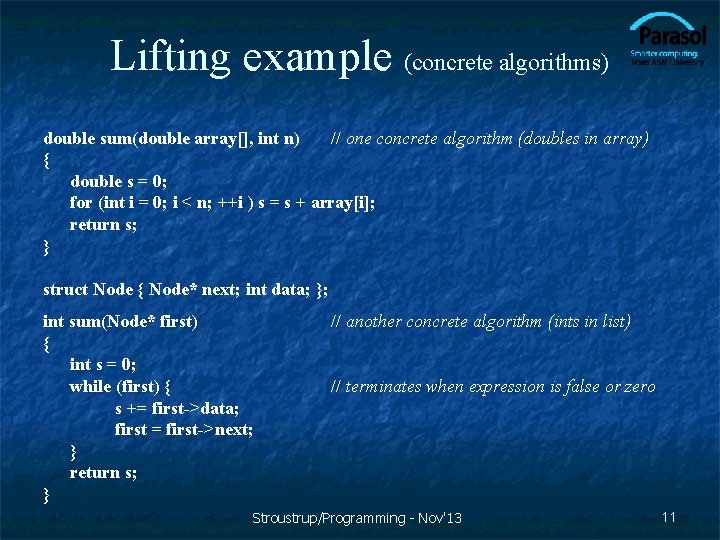 Lifting example (concrete algorithms) double sum(double array[], int n) // one concrete algorithm (doubles