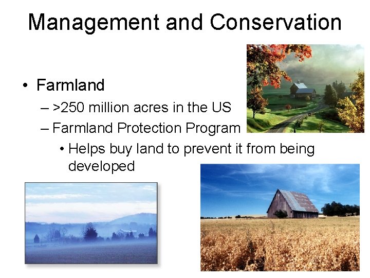 Management and Conservation • Farmland – >250 million acres in the US – Farmland