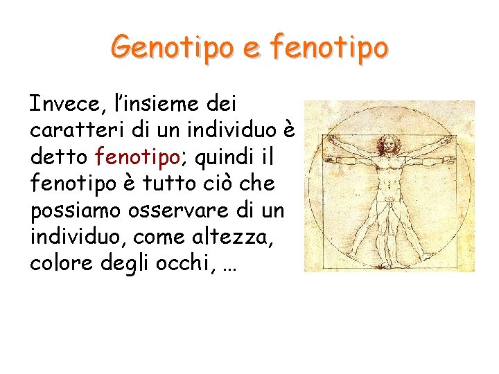 Genotipo e fenotipo Invece, l’insieme dei caratteri di un individuo è detto fenotipo; quindi