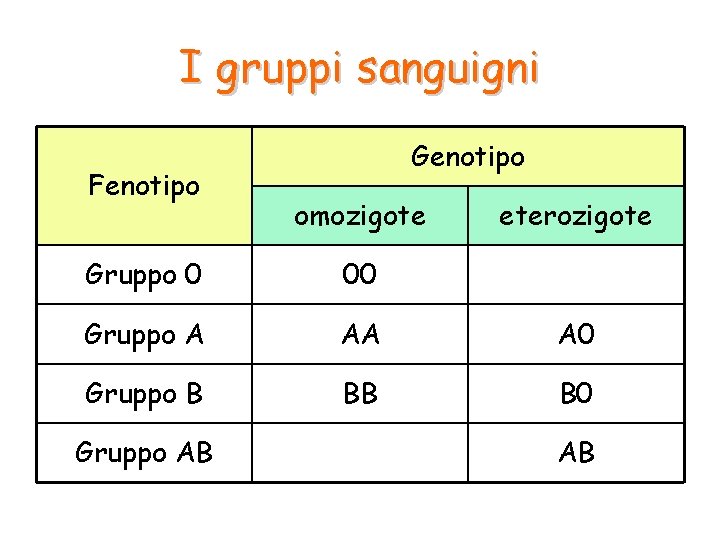 I gruppi sanguigni Fenotipo Genotipo omozigote eterozigote Gruppo 0 00 Gruppo A AA A