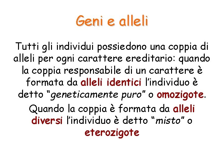 Geni e alleli Tutti gli individui possiedono una coppia di alleli per ogni carattere