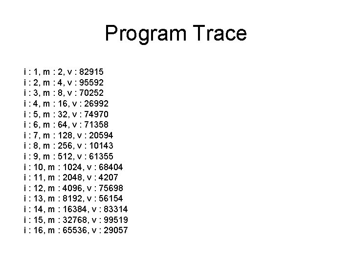 Program Trace i : 1, m : 2, v : 82915 i : 2,