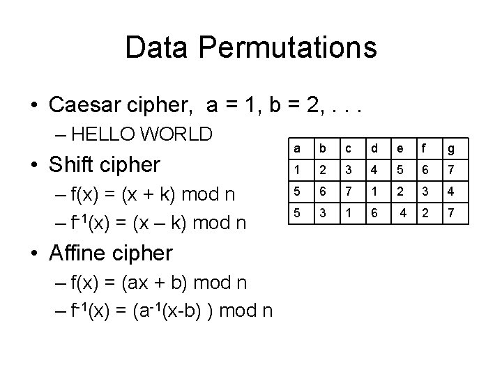 Data Permutations • Caesar cipher, a = 1, b = 2, . . .