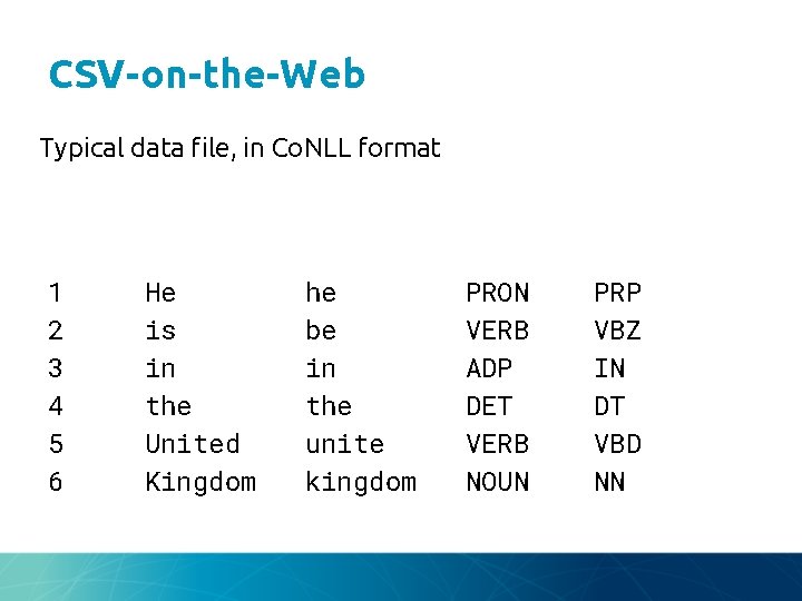 CSV-on-the-Web Typical data file, in Co. NLL format 1 2 3 4 5 6