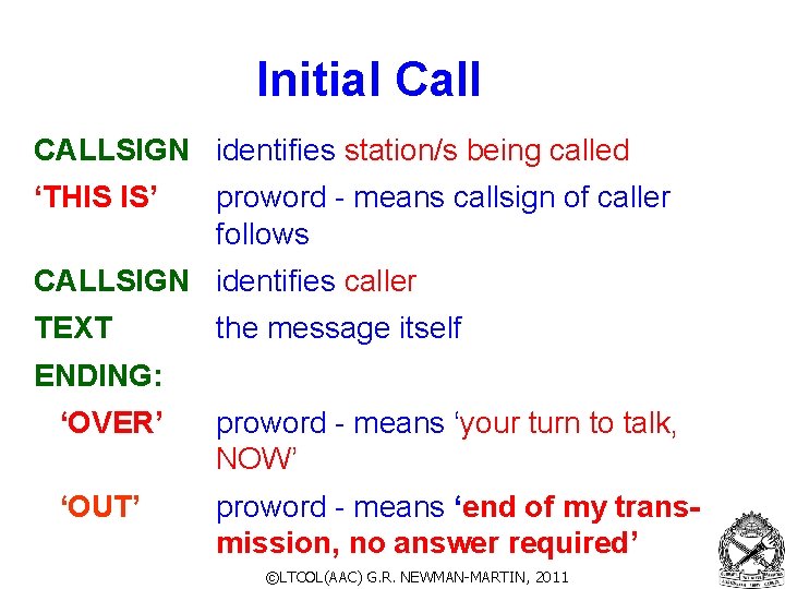 Initial Call CALLSIGN identifies station/s being called ‘THIS IS’ proword - means callsign of