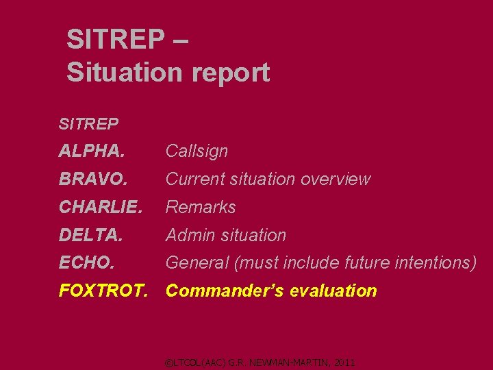 SITREP – Situation report SITREP ALPHA. Callsign BRAVO. Current situation overview CHARLIE. Remarks DELTA.