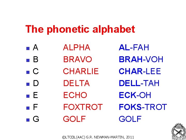 The phonetic alphabet n n n n A B C D E F G