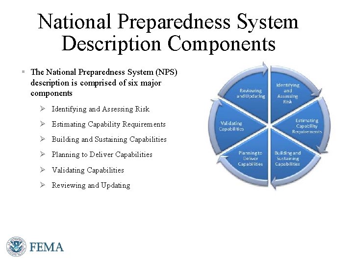 National Preparedness System Description Components § The National Preparedness System (NPS) description is comprised