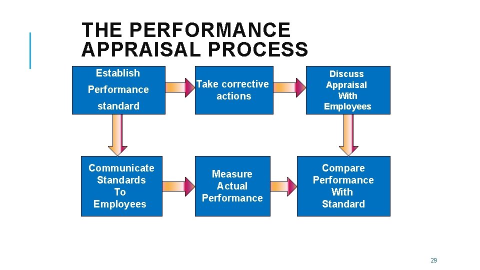 THE PERFORMANCE APPRAISAL PROCESS Establish Performance standard Communicate Standards To Employees Take corrective actions