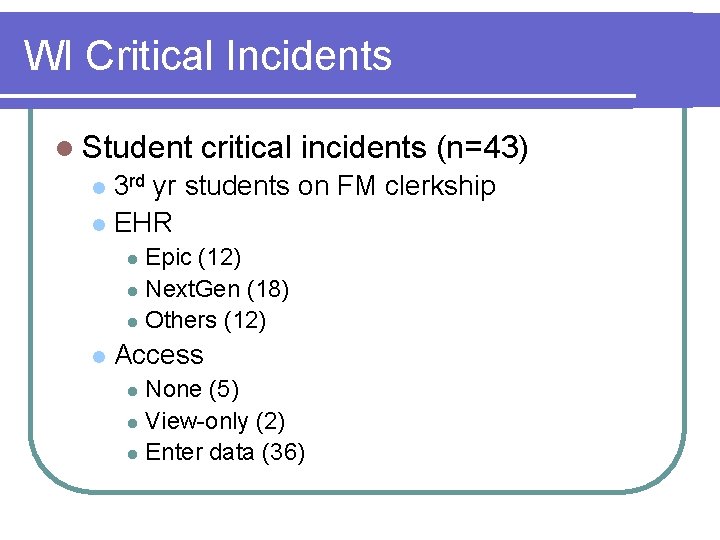 WI Critical Incidents l Student critical incidents (n=43) 3 rd yr students on FM