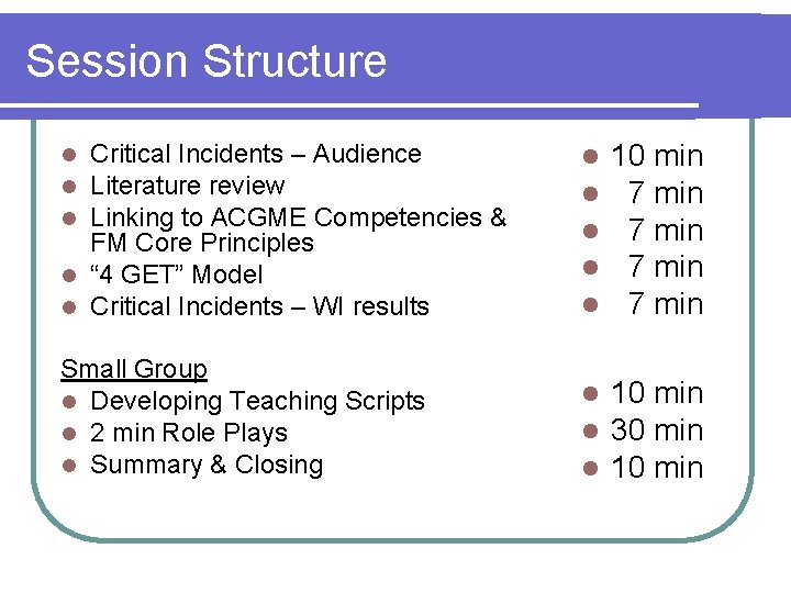 Session Structure Critical Incidents – Audience Literature review Linking to ACGME Competencies & FM