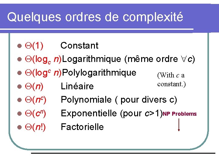 Quelques ordres de complexité (1) Constant l (logc n)Logarithmique (même ordre c) l (logc Quelques ordres de complexité (1) Constant l (logc n)Logarithmique (même ordre c) l (logc