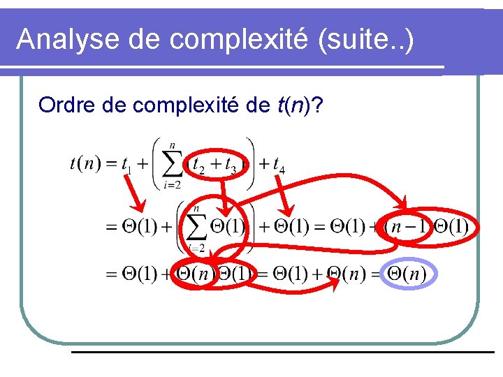 Analyse de complexité (suite. . ) Ordre de complexité de t(n)? Analyse de complexité (suite. . ) Ordre de complexité de t(n)?