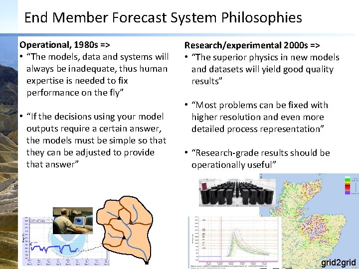 End Member Forecast System Philosophies Operational, 1980 s => • “The models, data and