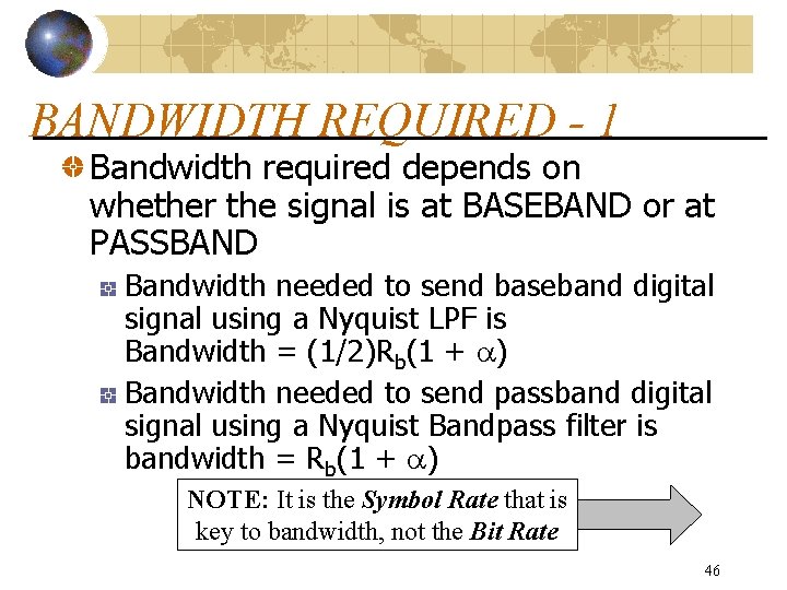 BANDWIDTH REQUIRED - 1 Bandwidth required depends on whether the signal is at BASEBAND