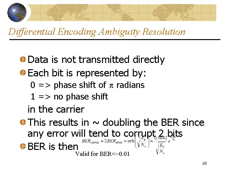 Differential Encoding Ambiguity Resolution Data is not transmitted directly Each bit is represented by: