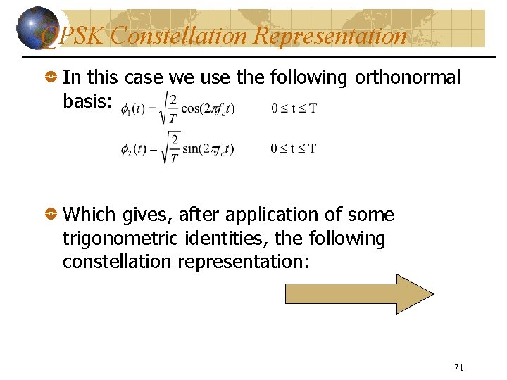 QPSK Constellation Representation In this case we use the following orthonormal basis: Which gives,