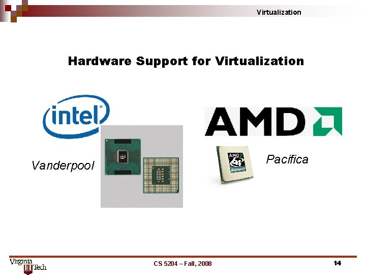 Virtualization Hardware Support for Virtualization Pacifica Vanderpool CS 5204 – Fall, 2008 14 