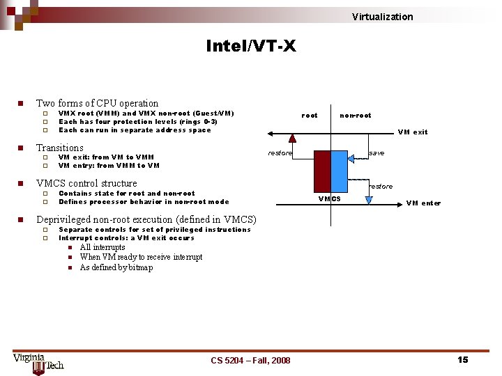 Virtualization Intel/VT-X n Two forms of CPU operation ¨ ¨ ¨ n Transitions ¨