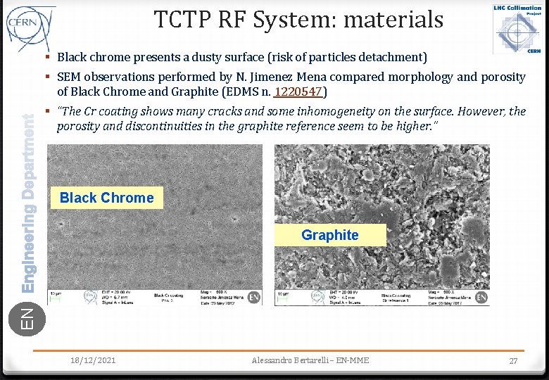 TCTP RF System: materials § Black chrome presents a dusty surface (risk of particles