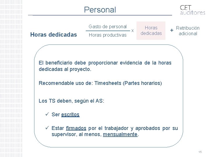 Personal Gasto de personal Horas dedicadas Horas productivas x Horas dedicadas + Retribución adicional