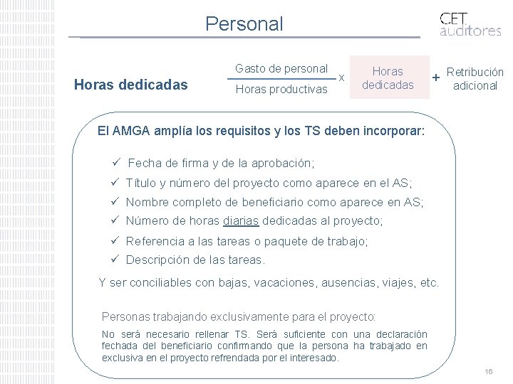 Personal Gasto de personal Horas dedicadas Horas productivas x Horas dedicadas + Retribución adicional