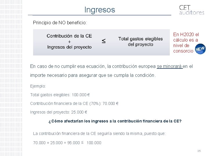 Ingresos Principio de NO beneficio: En H 2020 el cálculo es a nivel de