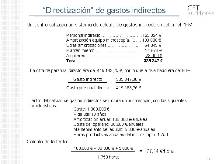 “Directización” de gastos indirectos Un centro utilizaba un sistema de cálculo de gastos indirectos