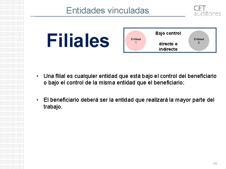 Entidades vinculadas Filiales Bajo control Entidad 1 directo o indirecto Entidad 2 • Una